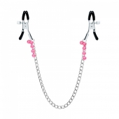 Зажимы на соски с цепью и розовым украшением